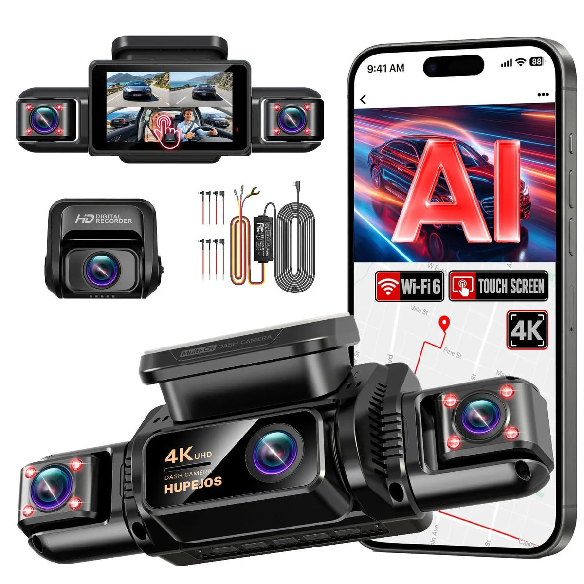 HUPEJOS V9 4CH 360° 4K Dash Cam, AI DMS Monitor, WiFi & GPS, Night Vision, Touch Screen & Voice Control, 24/7 Parking Mode