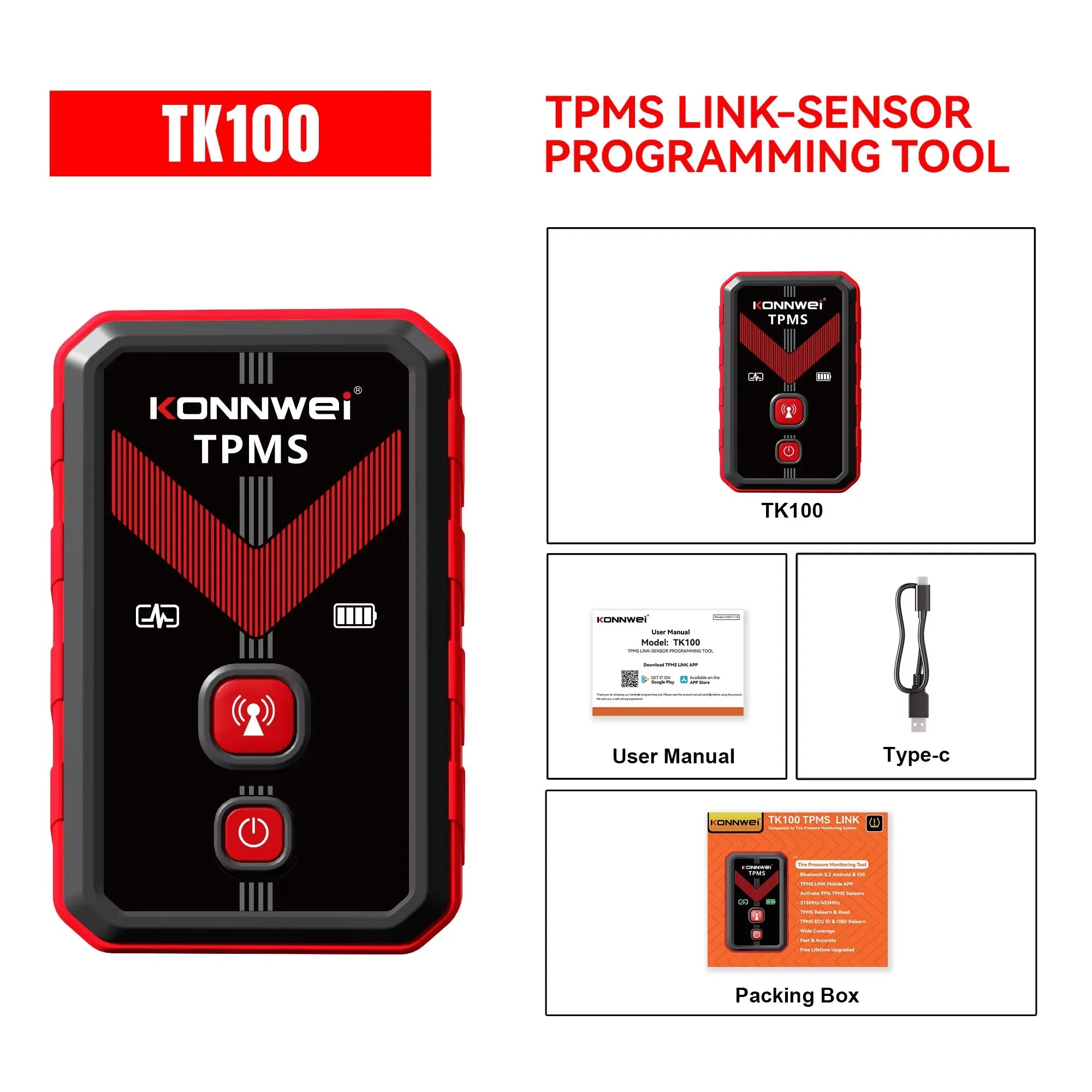 2026 KONNWEI TK100 Car Programable TPMS Sensors OBD Relearn Tool 433MHz315MHz Programing CELL PHONE Tire Pressure Monitor System CM World