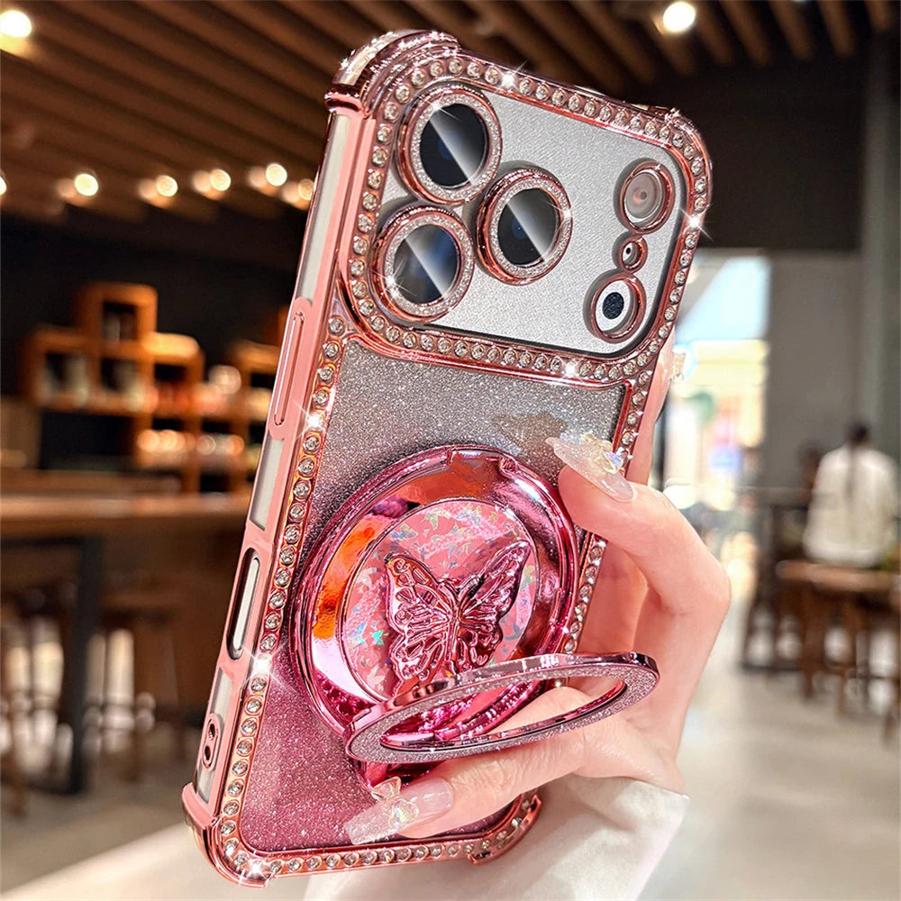 Rhinestone Lens Butterfly Bracket Glitter Phone Case for iPhone 17 16 Pro Max 15 14 13 Diamond Gradient Bling Shockproof Cover
