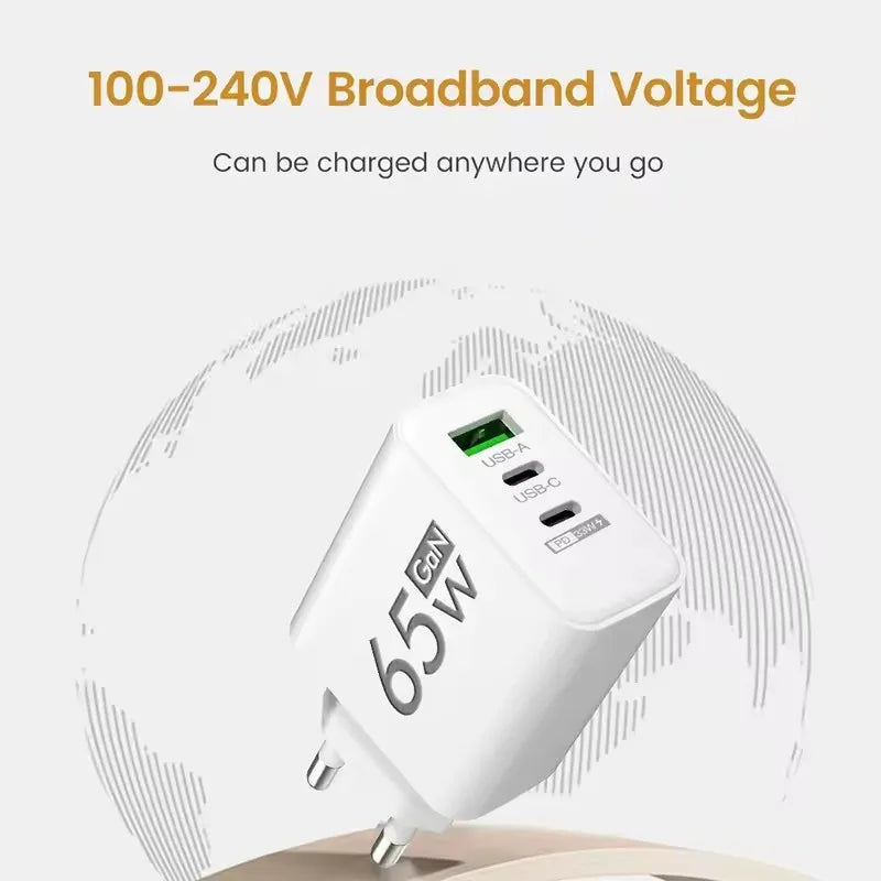 GAN Fast Charging 65W USB European plug qc3.0 EU KR PD Fast charging head is suitable for Xiaomi Huawei Samsung mobile phone cha Car Mobile World