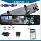 3 Channel Mirror Dash Cam with Front 4K in-Cabin & Rear 1080P Cameras Enhanced Night Vision G-Sensor & Parking Monitor WIFI GPS Car Mobile World