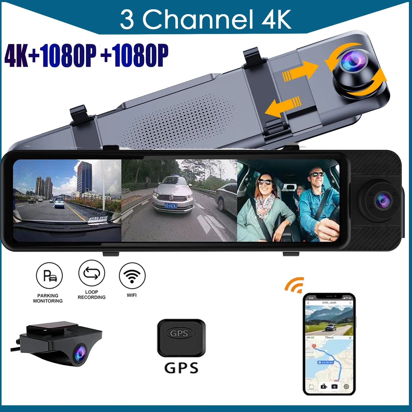 3 Channel Mirror Dash Cam with Front 4K in-Cabin & Rear 1080P Cameras Enhanced Night Vision G-Sensor & Parking Monitor WIFI GPS Car Mobile World