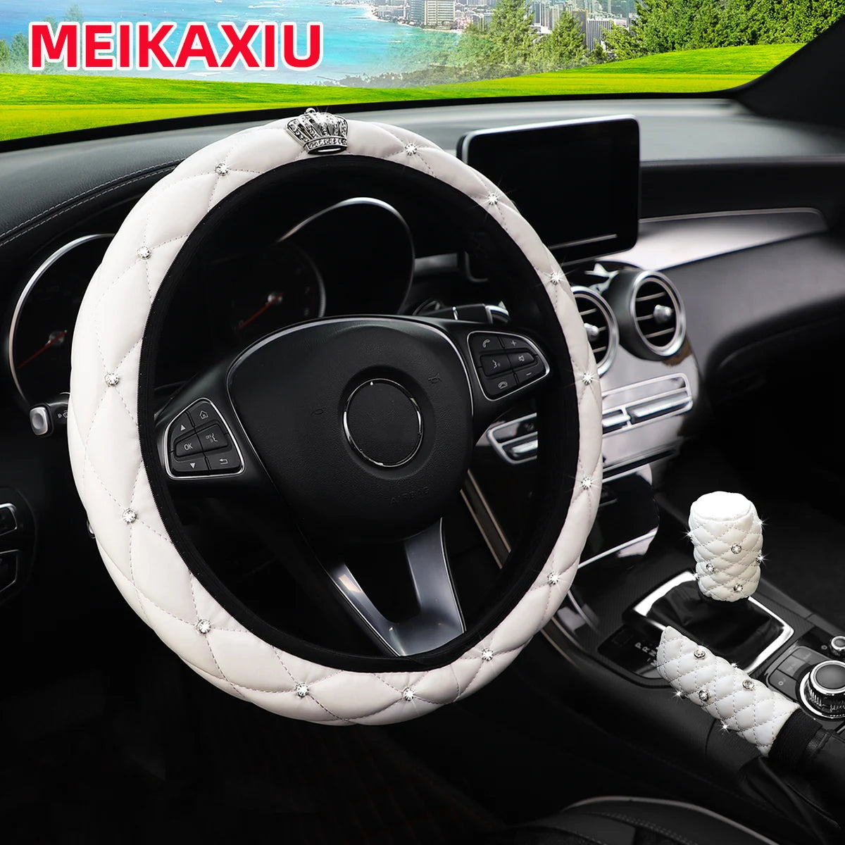 Soft leather crown diamond car without inner ring steering wheel cover, gear shift cover, handbrake cover, 3-piece set CM World