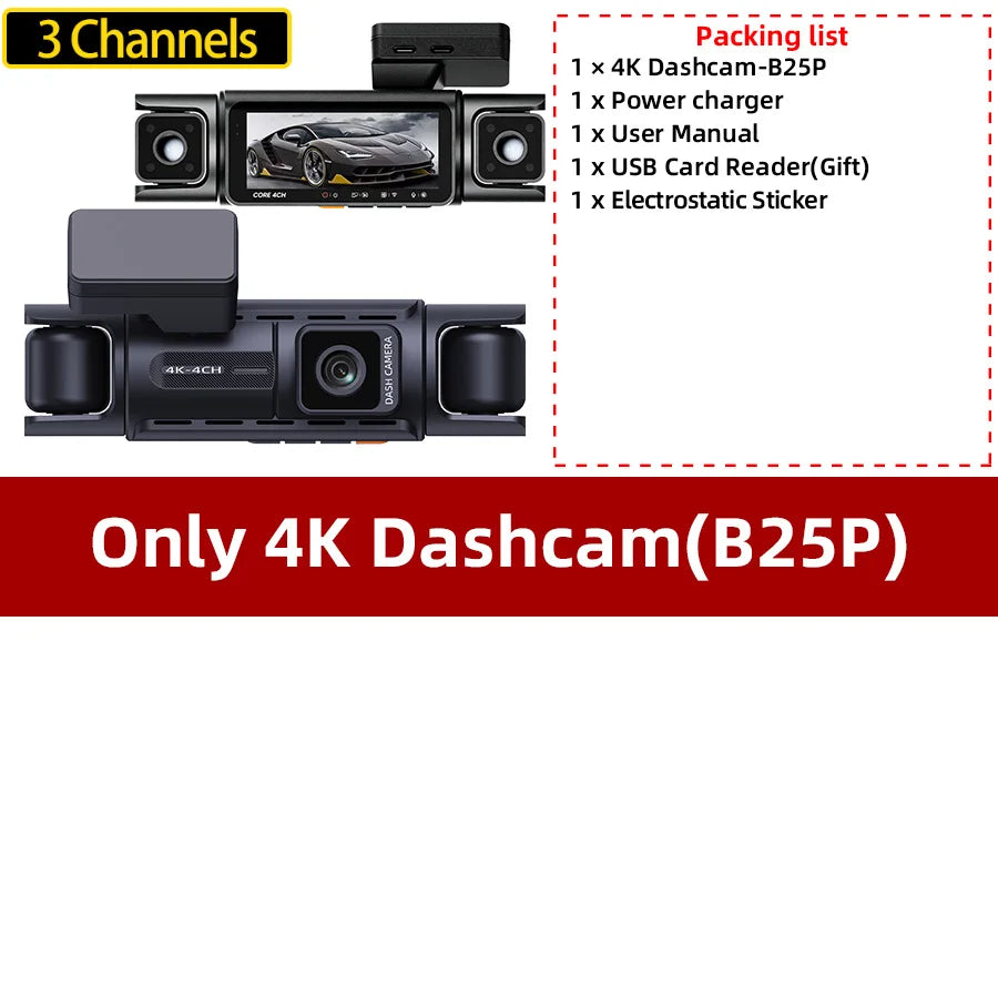 4 Channel GPS WIFI Car Dash Cam 360 Panoramic 8 IR Night Vision Lights 24H Parking Front 4K Inside/Rear/Left 1K Video Recorder