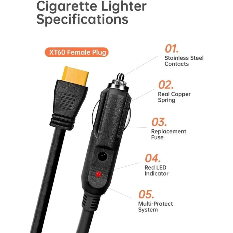 3CGRO-XT60 Car Charging Cable(3M 10FT) 12V/24V Power Supply Adapter Connector For Anker SOLIX C300/C1000/F2000, Ecoflow Delta 2