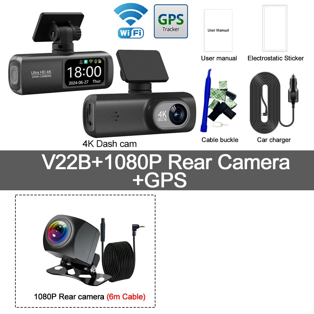 UHD 4K WiFi Dash Cam Dual Lens Driving Recorder Car DVR Optional 1080P Rear Lens Camera GPS 24H Parking Monitoring Black Box Car Mobile World