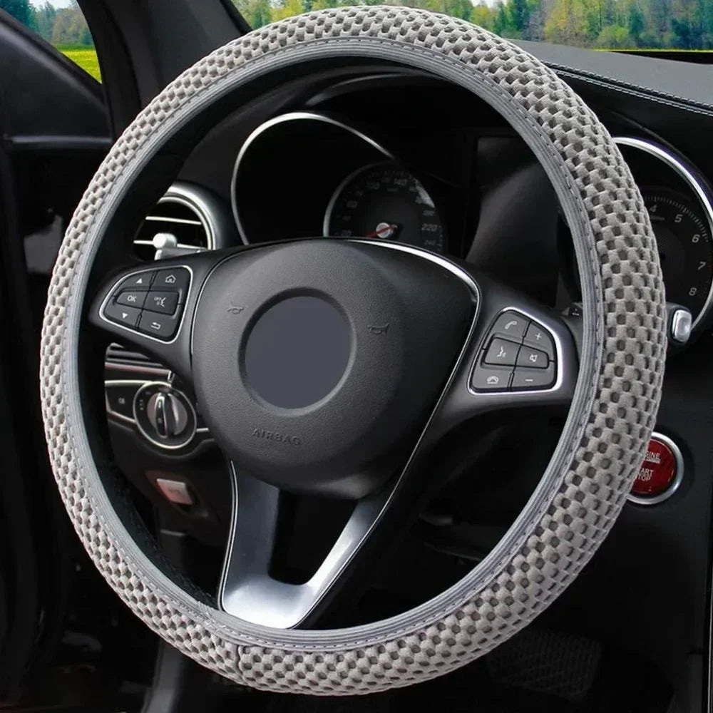 Universal 38cm car steering wheel cover with anti slip and sweat absorbing ring, elastic grip for easy installation and removal