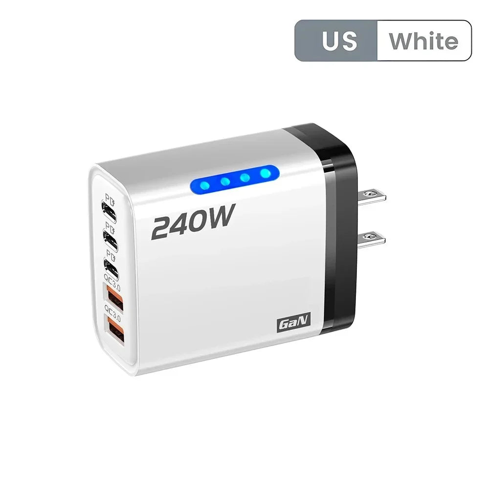 5 in 1 240W GaN Fast Charger With LED Light 2USB+3Type-C Multi Port Phone Charger for iPhone 16 15 pro Samsung Huawei Xiaomi 15 Car Mobile World