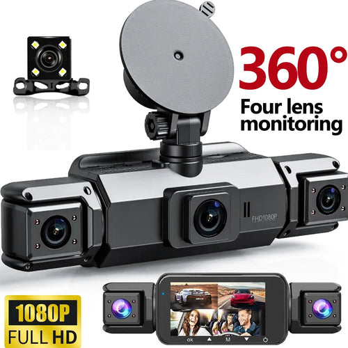 360° Car DVR Dash Cam 4 Lens Front Rear Left Right Inside IPS Screen Rotatable Lens Night Vision 24H Parking G-Sensor Black Box Car Mobile World