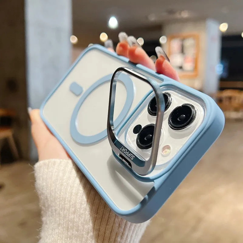 For Magsafe Stand Glass Lens Protector Case For iPhone17 16 15 14 13 11 12 Pro Max 16 Plus Luxury Magnetic Shockproof Back Cover Car Mobile World