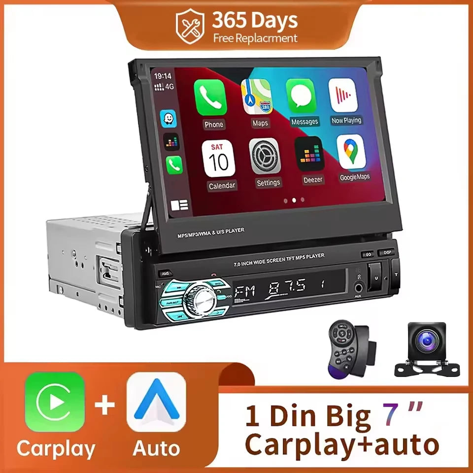 1 Din MP5 Player 7 Inch Carplay Android Auto Universal  Manual Automatic Retractable Touch Screen Car Player FM Radio CM World