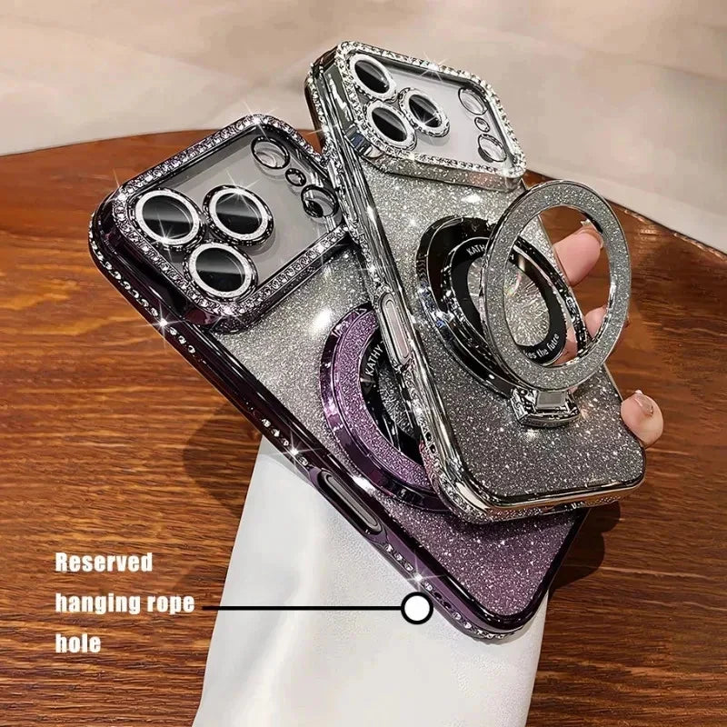 Transparent Diamond Glitter Magnetic Phone Case with Coating，Applicable iPhone 18 17 16 15 14 Pro Max Lens Protection Bracket Ba