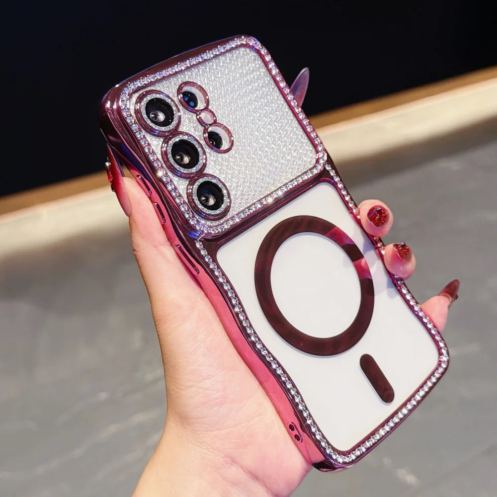 Luxury Glitter Diamond for Magsafe Plating Case for Samsung Galaxy S26 Ultra Plus Bling Camera Protector Transparent Wave Cover