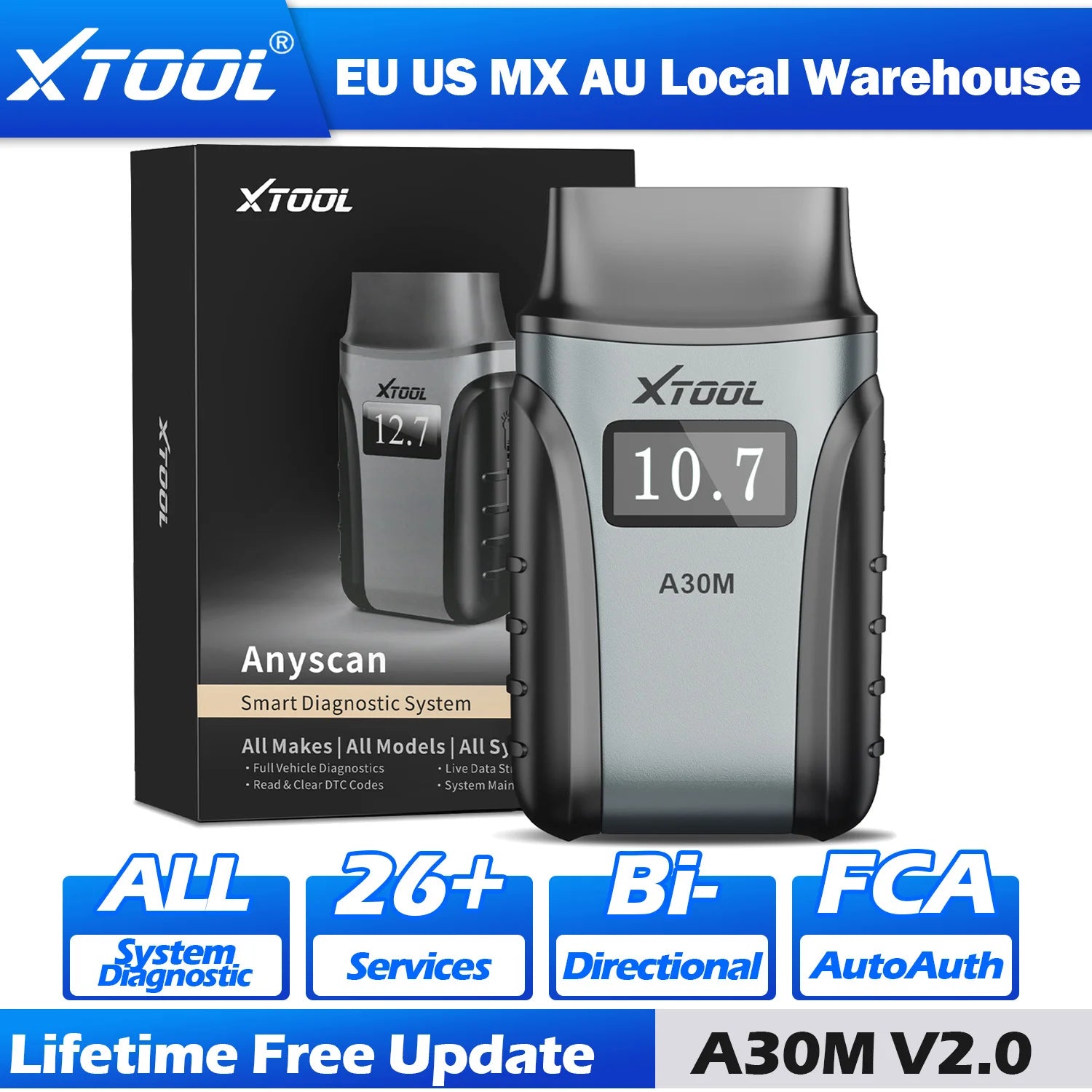 Popular XTOOL Anyscan A30M Bluetooth OBD2 Code Reader Scanner All System Bi-directional Car Diagnostic Tools 26+ Reset CAN FD CM World