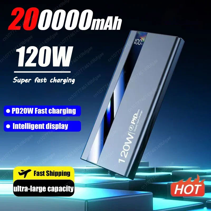 200000mAh 120W Power Bank Super Fast Charging Battery High Capacity Digital Display Power Bank For Xiaomi Iphone Samsung Car Mobile World