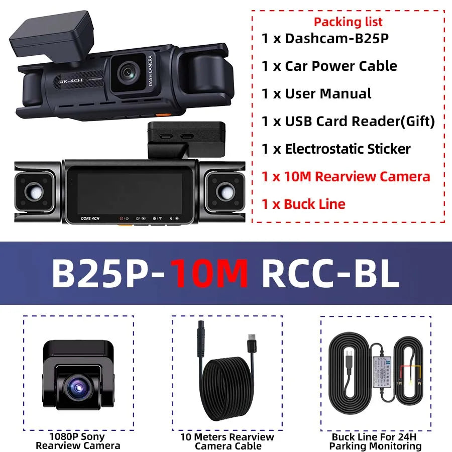 E-ACE Dashcam 4 Channel UHD 4K Car Dvr Built-in GPS WIFI Module Infrared Night Vision Front Left Right Rear Lens Black Box ﻿ Car Mobile World