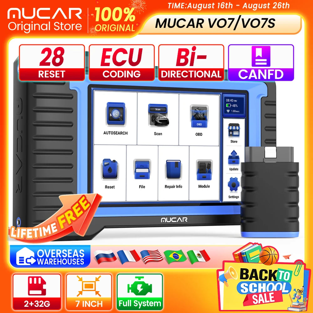 MUCAR VO7S/VO7 Car Diagnostic Tools Full System Diagnosis 28 Reset ECU Coding&Bi-directional Automotive Obd2 Scanner Free Update