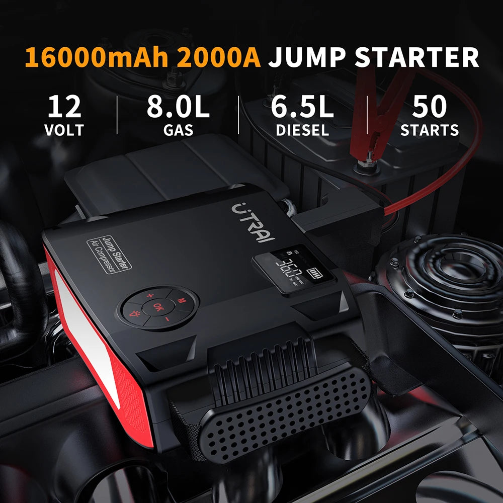 UTRAI 4 In 1 2000A Jump Starter Power Bank 16000mAh 150PSI Air Compressor Tire Pump Portable Charger Car Booster Starting Device CM World
