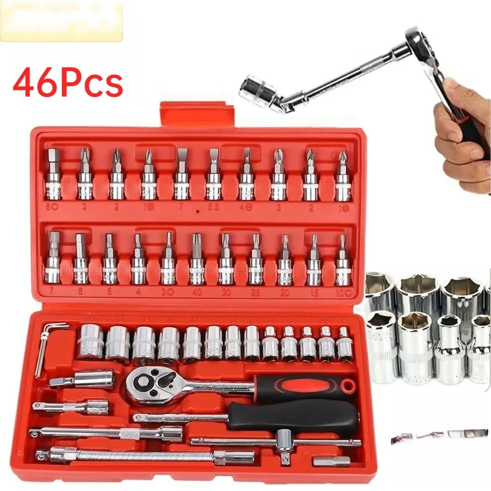 １Pc Krachtige 46pcs/set Carbon Steel Combination Set 1/4" Wrench Socket Spanner Screwdriver Household Motorcycle Car Repair Tool