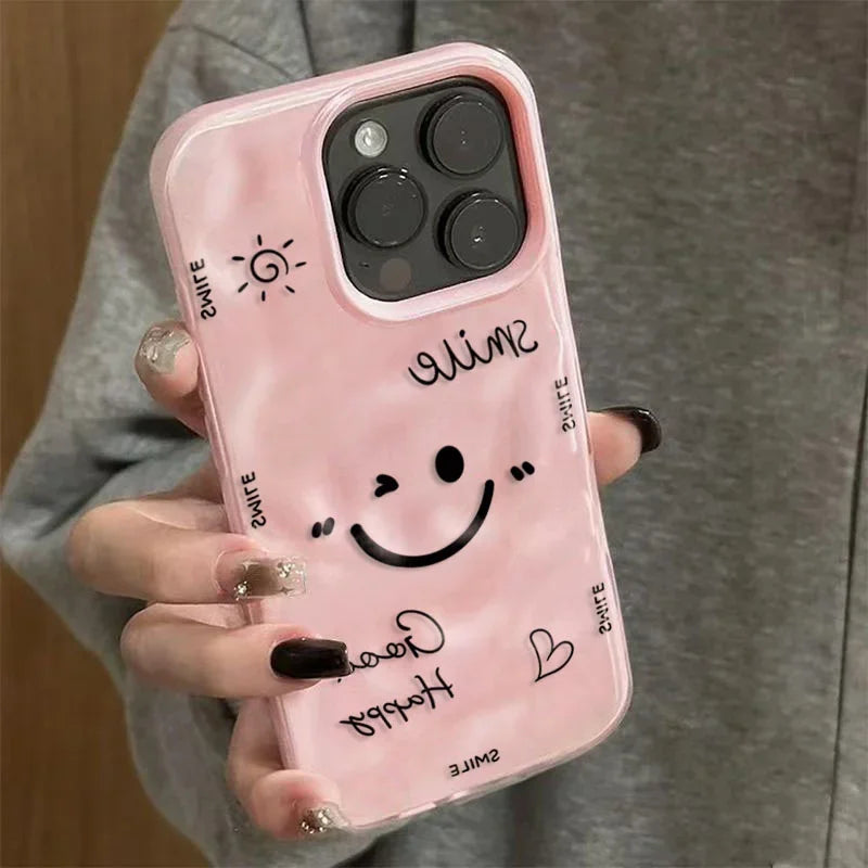 Funny Cartoon Smile Angry Face Phone Case For iPhone 17 16 15 14 13 12 11 Pro 17 15 Plus 17 Air Colorful Folds Texture TPU Cover