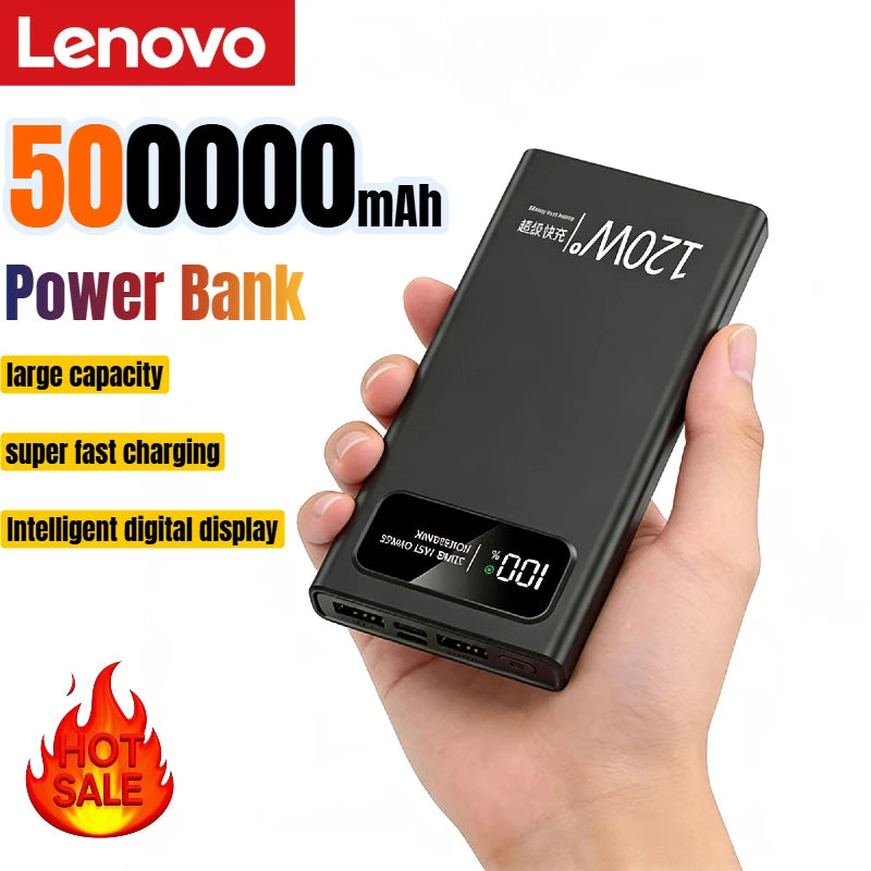 Lenovo 500000mAh Power Bank Super Fast Charging High Capacity Battery Digital Display Power Bank For iPhone Samsung Huawei Car Mobile World