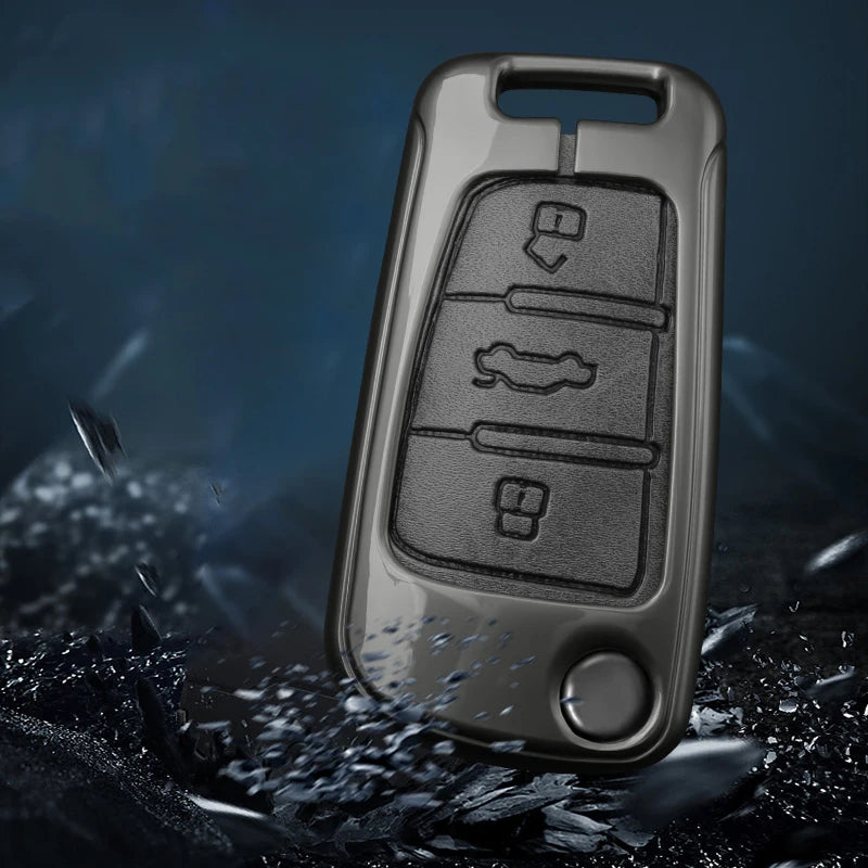 Alloy Leather Car Folding Key Case Cover Shell Holder for Audi Q3 8u f3 S Line Protection Key Cover Keychain Car Accessories