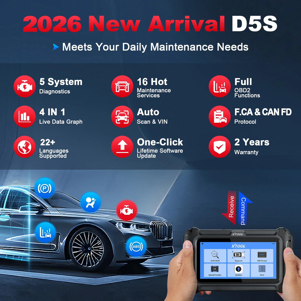 XTOOL D5S Car Diagnostic Tool Gearbox ABS EPB SRS Engine System Scanner 16 Resets Service OBD2 Scanner Free Update FCA CAN FD