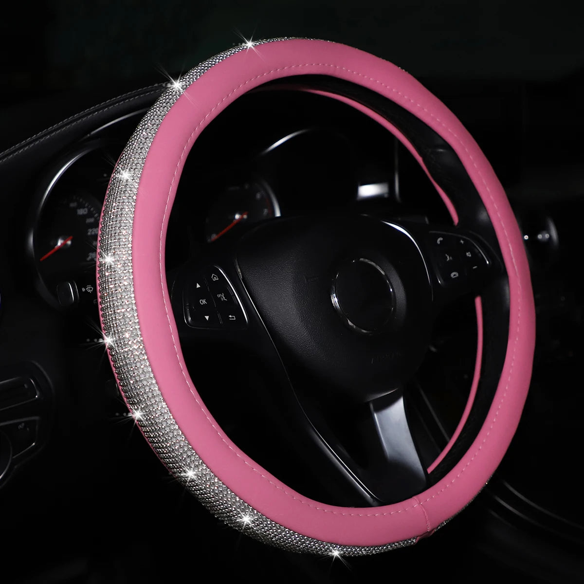 Women's PU Leather Car Interior Wheel Cover with Flashing Mesh Rhinestones for 14.5-15 Inch Car Accessories CM World