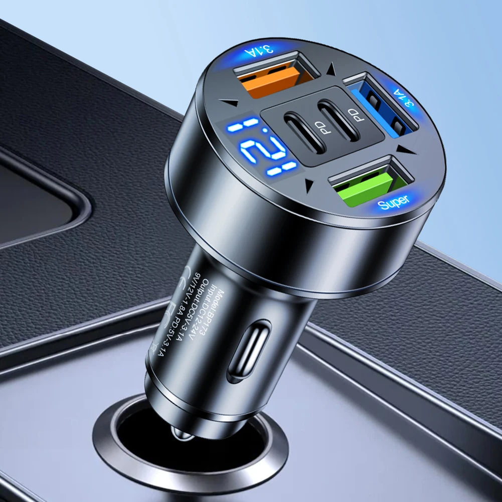 100W 5 Ports Car Charger Fast Charging PD QC3.0 USB C Car Phone Charger Adapter With Voltage 12V-24V Cigarette Lighter for Car Car Mobile World