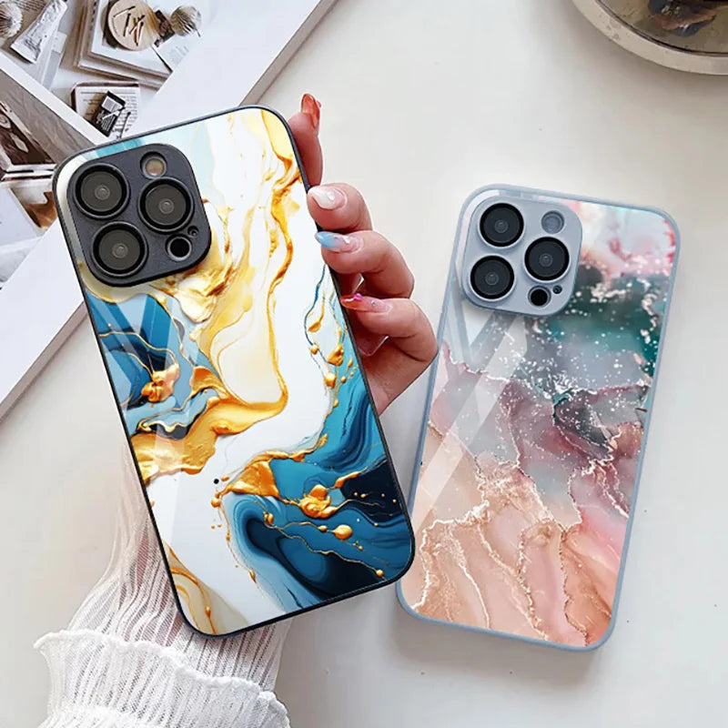 Marble Stone Tempered Glass Case For iPhone 11 Funda iPhone 16 17 16E 13 14 15 Pro Max 12 7 8 Plus SE 16promax 13promax Cover