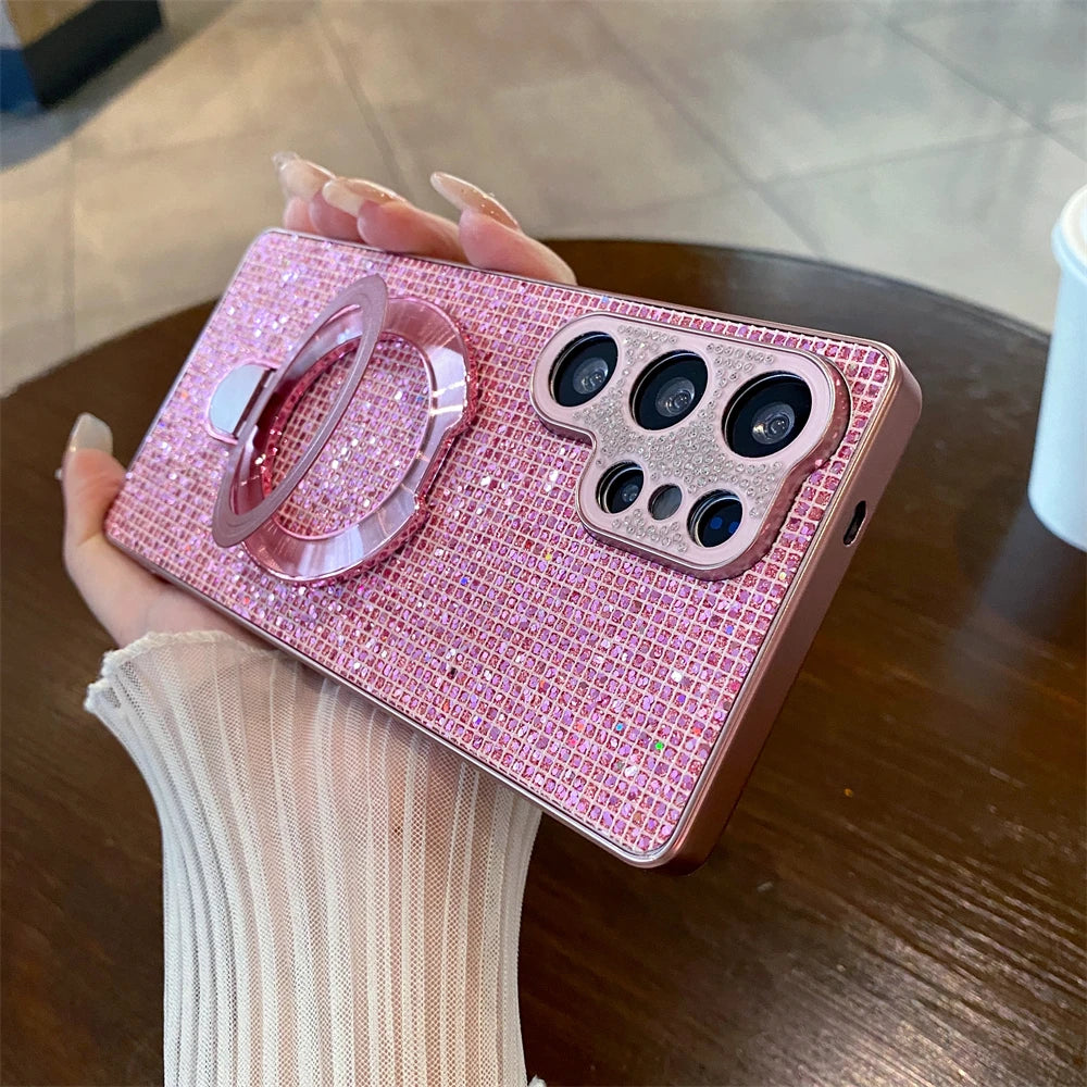 Trendy Shining Bling Glitter Diamond Case For Samsung Galaxy S26 Ultra S25 S24 S23 FE Plus Magnetic Bracket Anti-drop Back Cover Car Mobile World