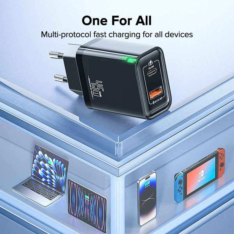 QOOVI GaN 45W USB Charger Fast Charging USB Type C Wall Charger PD QC3.0 Quick Charge For iPhone Samsung S23 S21 Laptop Tablet Car Mobile World