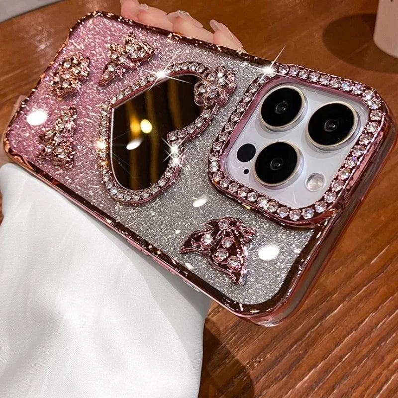 Heart Make up Mirror Case For iPhone 16 Pro Max 15 Plus Plating Butterfly Cover For iPhone 14 Pro 13 12 17 Glitter Diamond Case