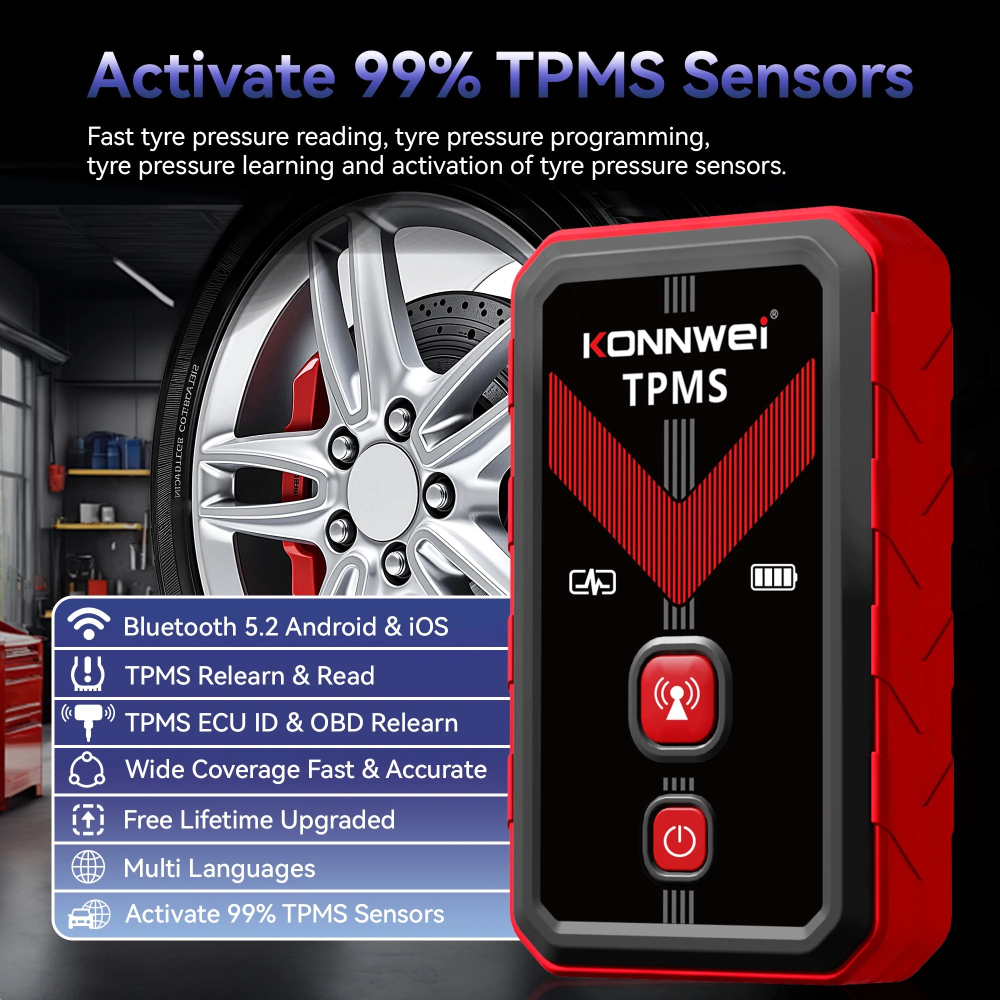 2026 KONNWEI TK100 Car Programable TPMS Sensors OBD Relearn Tool 433MHz315MHz Programing CELL PHONE Tire Pressure Monitor System CM World
