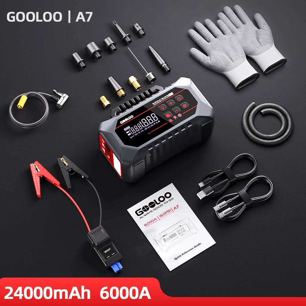 GOOLOO A7 Car Jump Starter with Air Compressor, 6000A & 160PSI Emergency Starter, 12V Supersafe Battery Booster with Tire Inflator & Pump (Inflate/Deflate) for All Gas & Up to 10.0L Diesel Engines