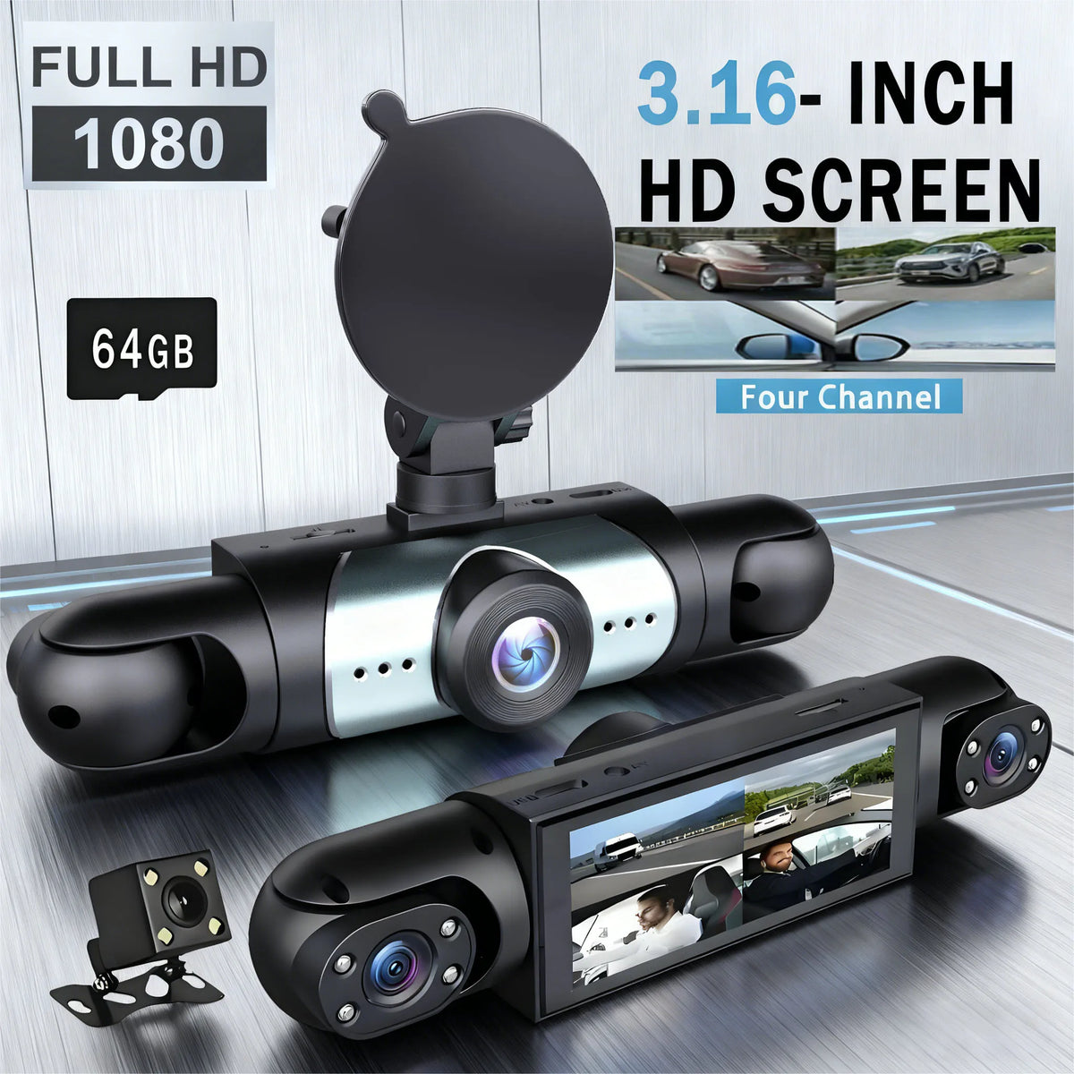 4-Channel Dashcam with 3.16-inch 1080P HD Front Camera 720P Front & Rear Cameras File Transfer Function