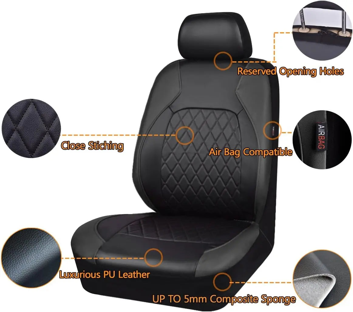 Premium Faux Leather Car Seat Covers Full Set, Airbag Compatible, Universal Fit for Cars Trucks SUVs CM World