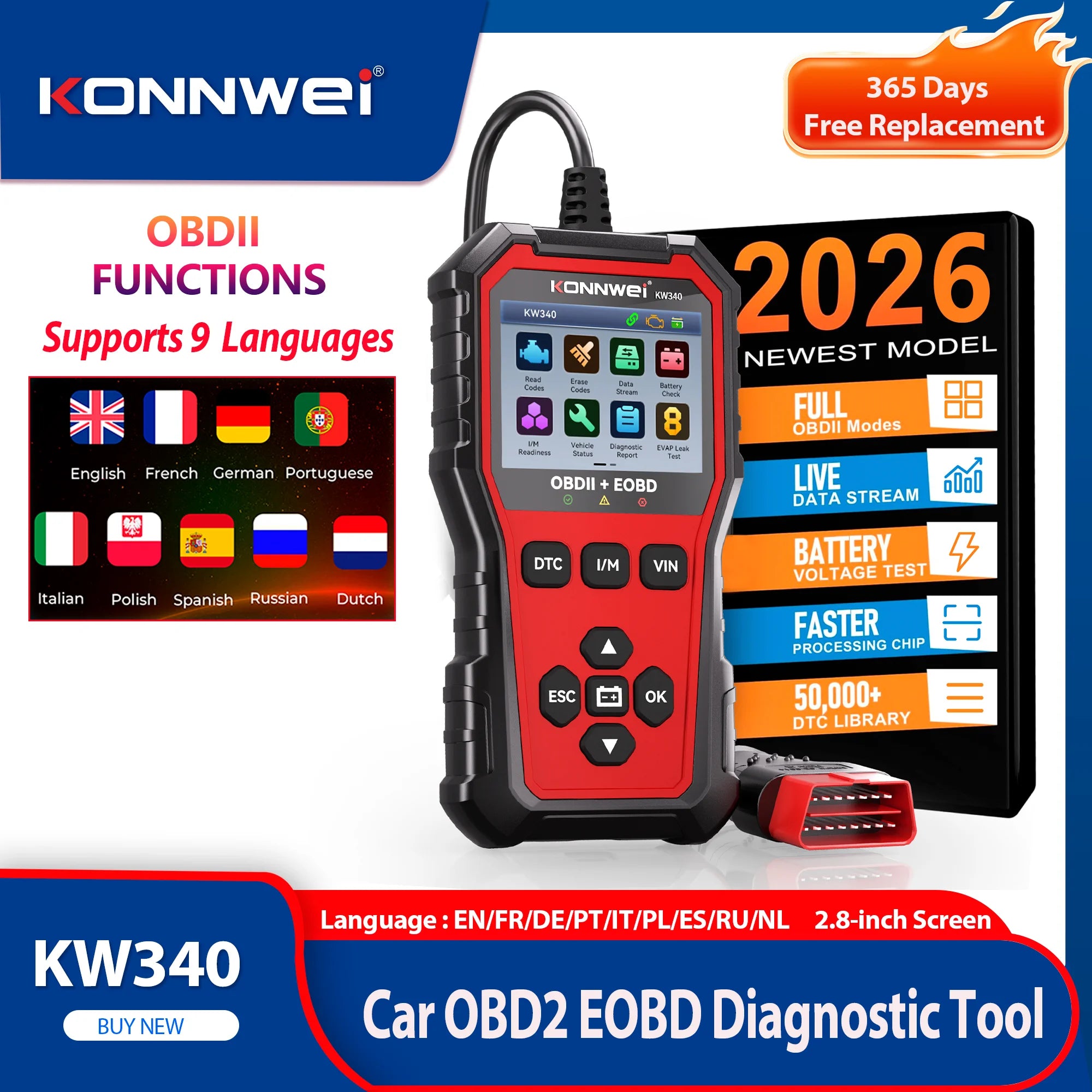 2026 KONNWEi KW340 Car CAN OBD2 EOBD Diagnostic Tool Engine Battery Test Read Fault Code Clear Real-Time Data O2 Inspection Tool CM World