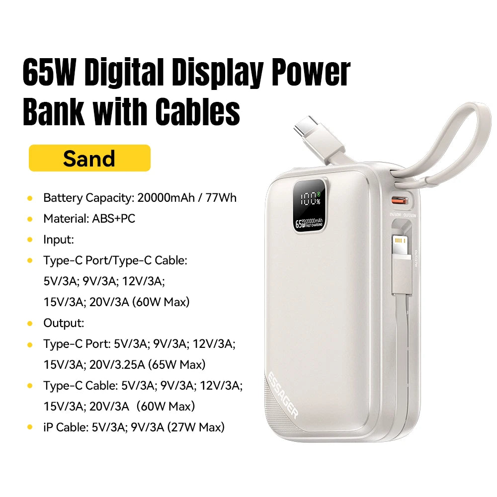 Essager Power Bank 20000mAh PD 65W Fast Charging Digital Display Portable PowerBank With 2 Cables for iPhone 16 Laptop MacBook