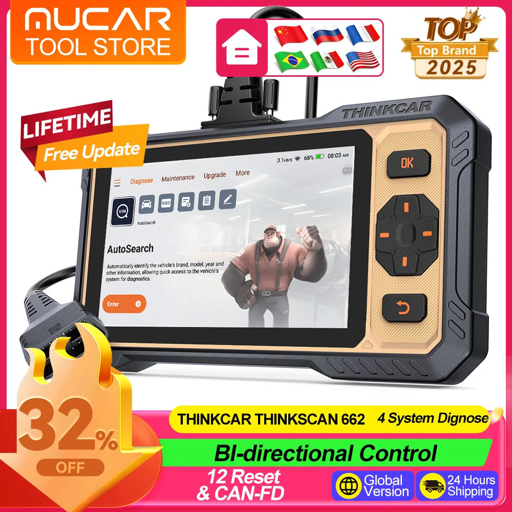 Thinkcar Thinkscan 662 Diagnostic Tools ECM/TCM/SRS/ABS 4 Systems OBD2 Scanner 12 Resets Lifetime Free Update CANFD Scan Tools Car Mobile World