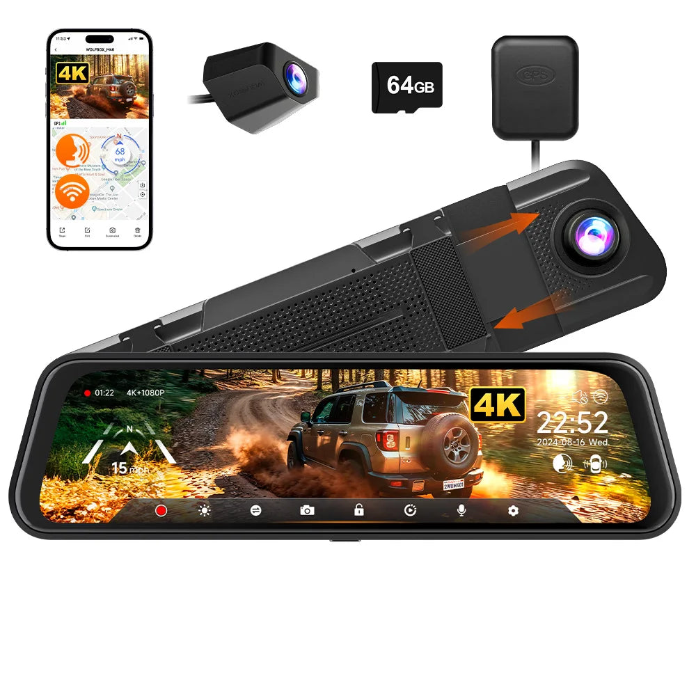 WOLFBOX M40 Dash Cam 4K+1080P With Voice Control ADAS Built in 5GHZ WI-FI and GPS Video Recorder Front and Rear Dash Camera Car Mobile World