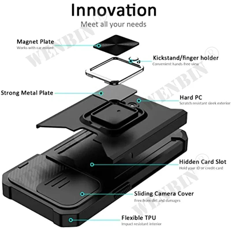 Case For iPhone 17 16 15 14 13 12 Pro Max Plus 8 7 Plus Mini Heavy Duty Protection With Sliding Camera Cover And Card Clip Cover Car Mobile World