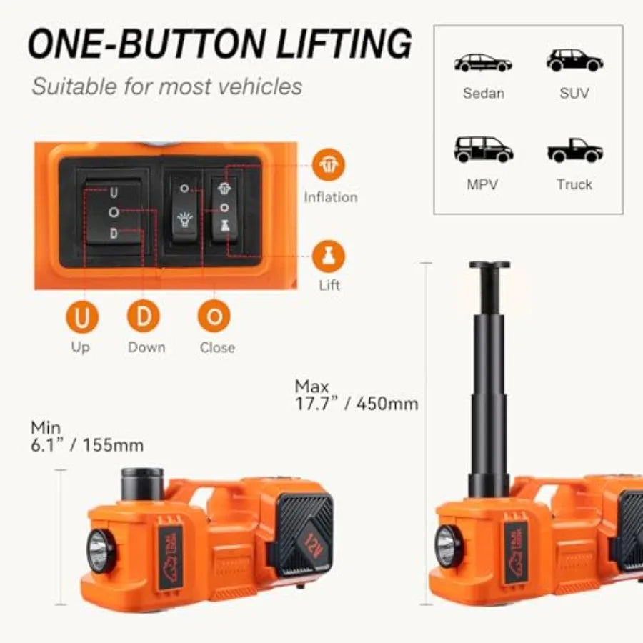 Electric Car Jack Kit with Hydraulic Lift 5-Ton Tire Inflator and Impact Wrench Heavy-Duty 12V Floor Jack for Sedans SUVs MPVs CM World