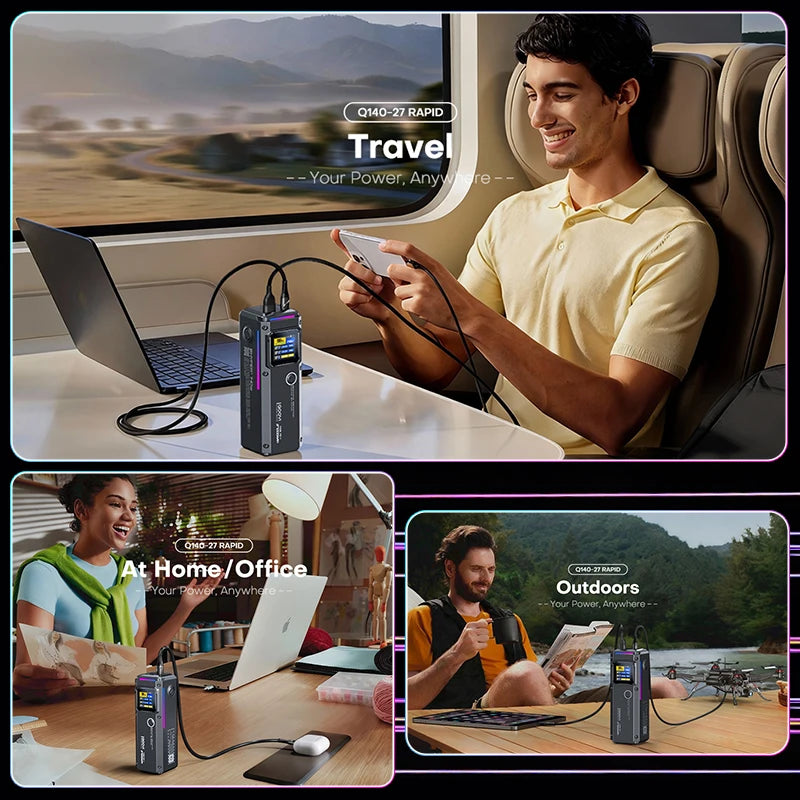 QOOVI 27000mAh Power Bank PD 140W Fast Charging Portable Battery Capacity Powerbank For iPhone Macbook Laptop Samsung Xiaomi Car Mobile World