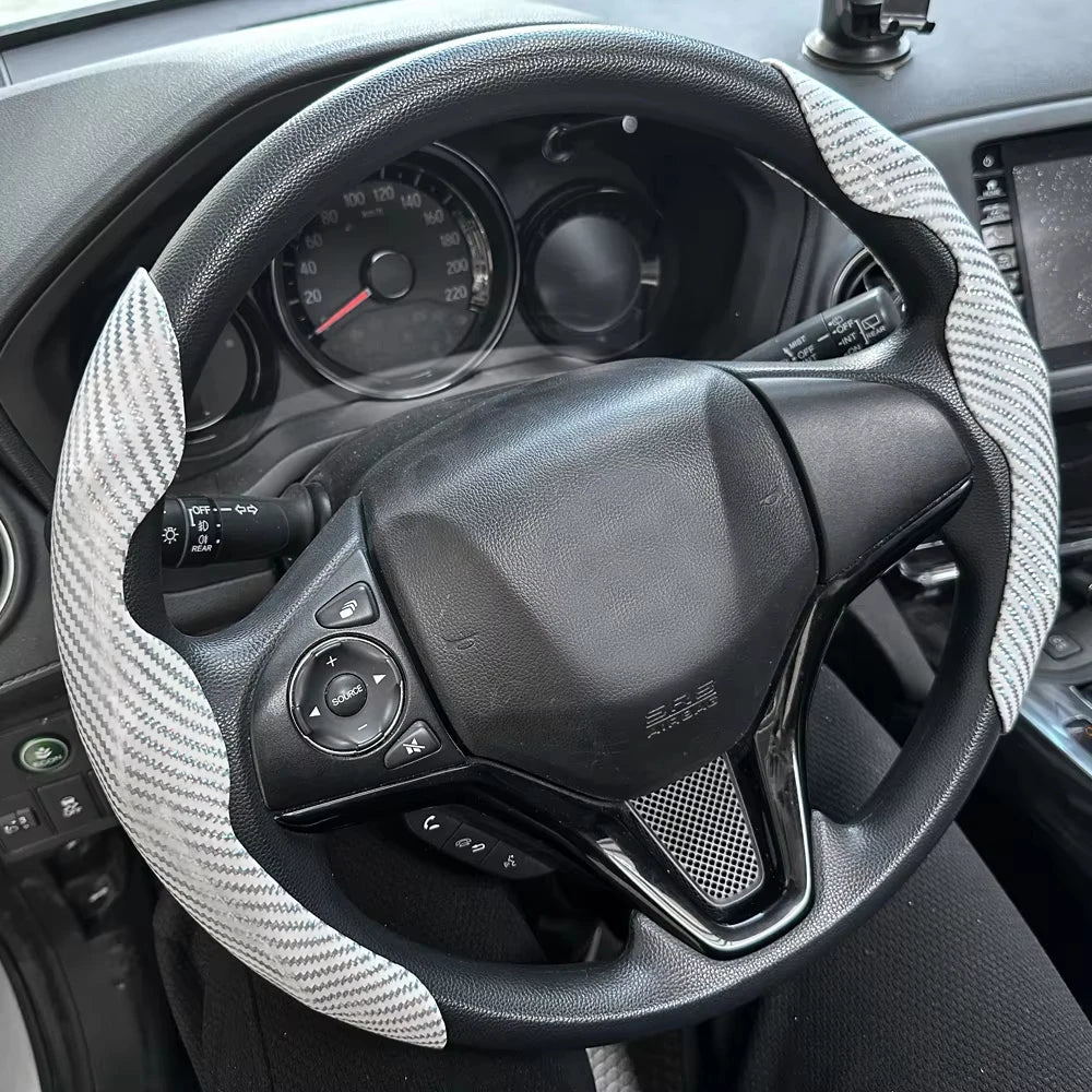 Universal Car Steering Wheel Cover Anti-slip Bright Gloss Carbon Fiber Texture Steering Wheel Decoration Accessories 14.5-15inch