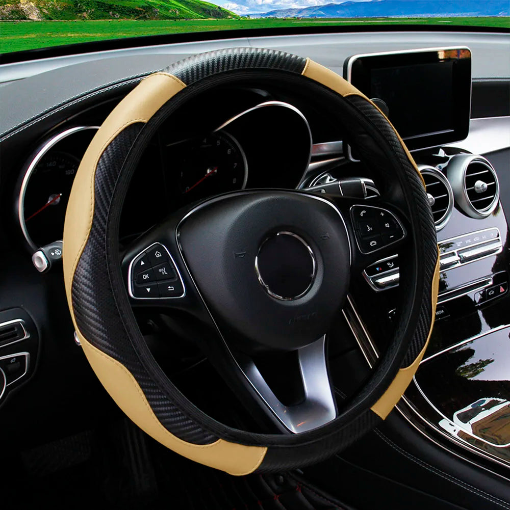 PU Carbon Fiber Leather Car Steering Wheel Cover without Inner Ring Suitable for 14.5-15 Inches of Automotive Supplies CM World