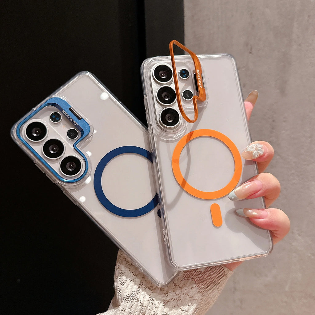 Lens Stand Magnetic Phone Case For Samsung Galaxy S22 S23 S24 S25 S26 Ultra Plus Acrylic Back Panel TPU Soft Frame Phone Cover
