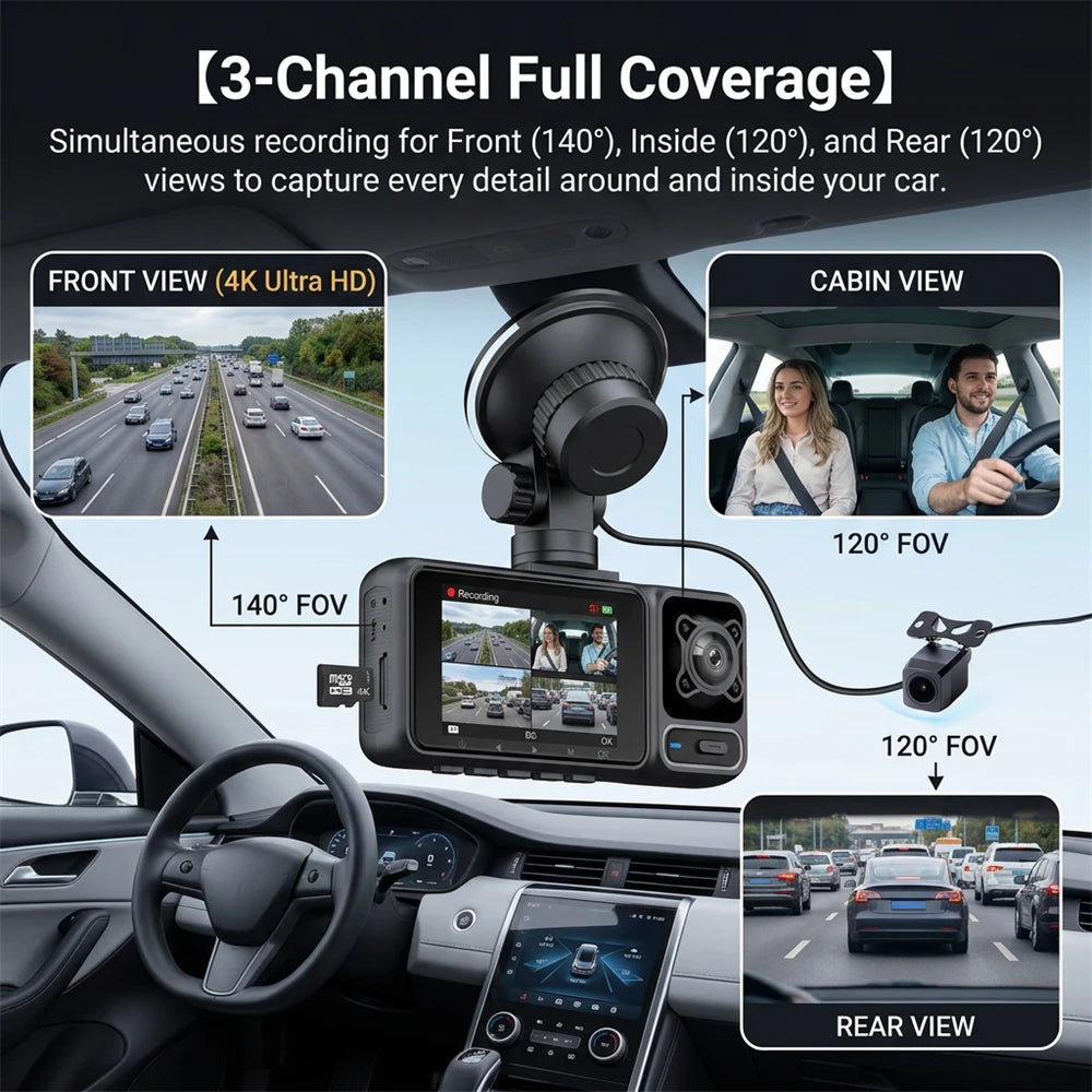 4K Dash Cam 3 Lens Driving Recorder WiFi Car DVR Front Inside Rear Triple Camera 2160P UHD Video Recorder 24H Parking Monitor