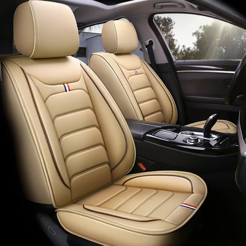 Five-seat car seat covers with dual-tone trim, luxury leather upholstery, fits most vehicles CM World