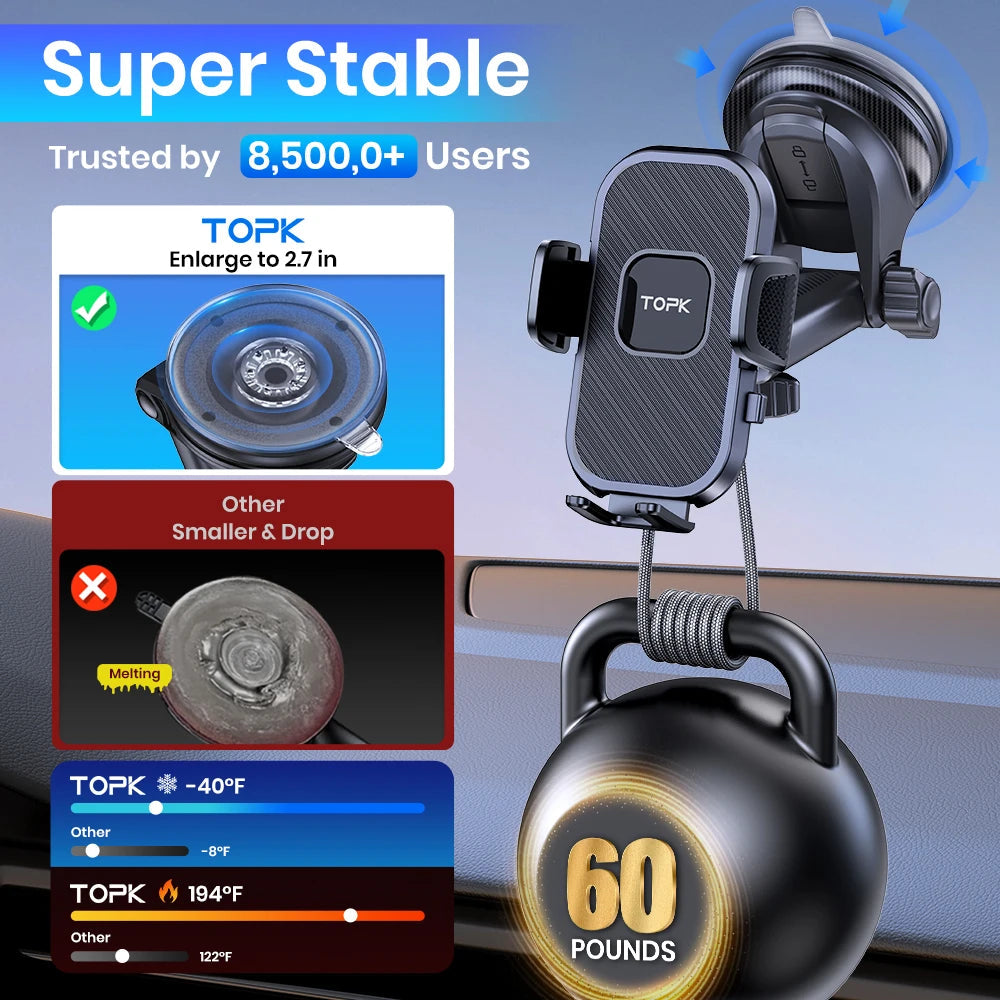 TOPK Upgraded Car Phone Mount for Dashboard, Secure and Stable Hands-Free Cell Phone Holder Compatible with All Smartphones CM World